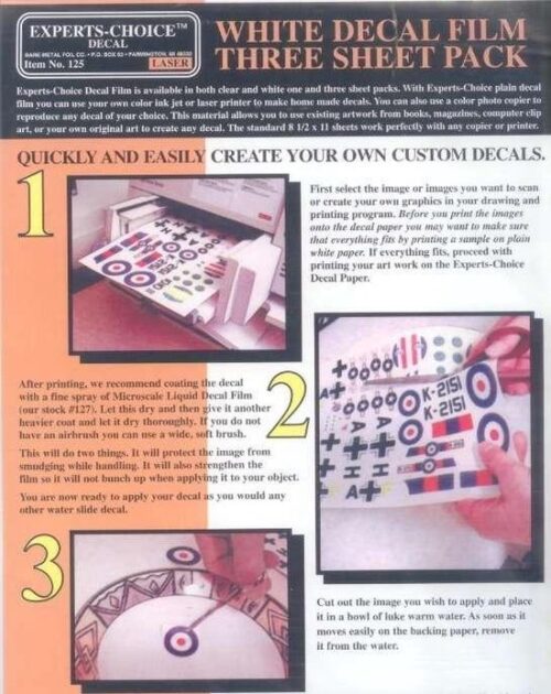 Ink Jet decal sheet white ( 21.59 x 27.94 cm) 3 st