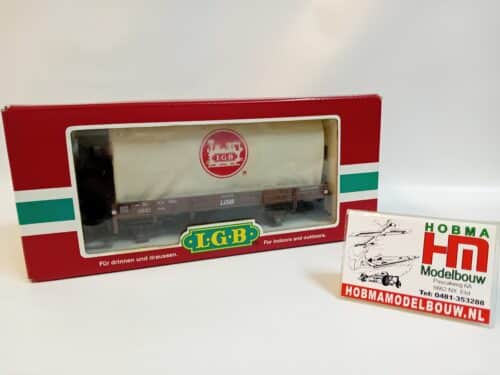 LGB 40130 Lage goederenwagen met platform en remcabine. Laadzeil van canvas, gespannen met 4 bogen