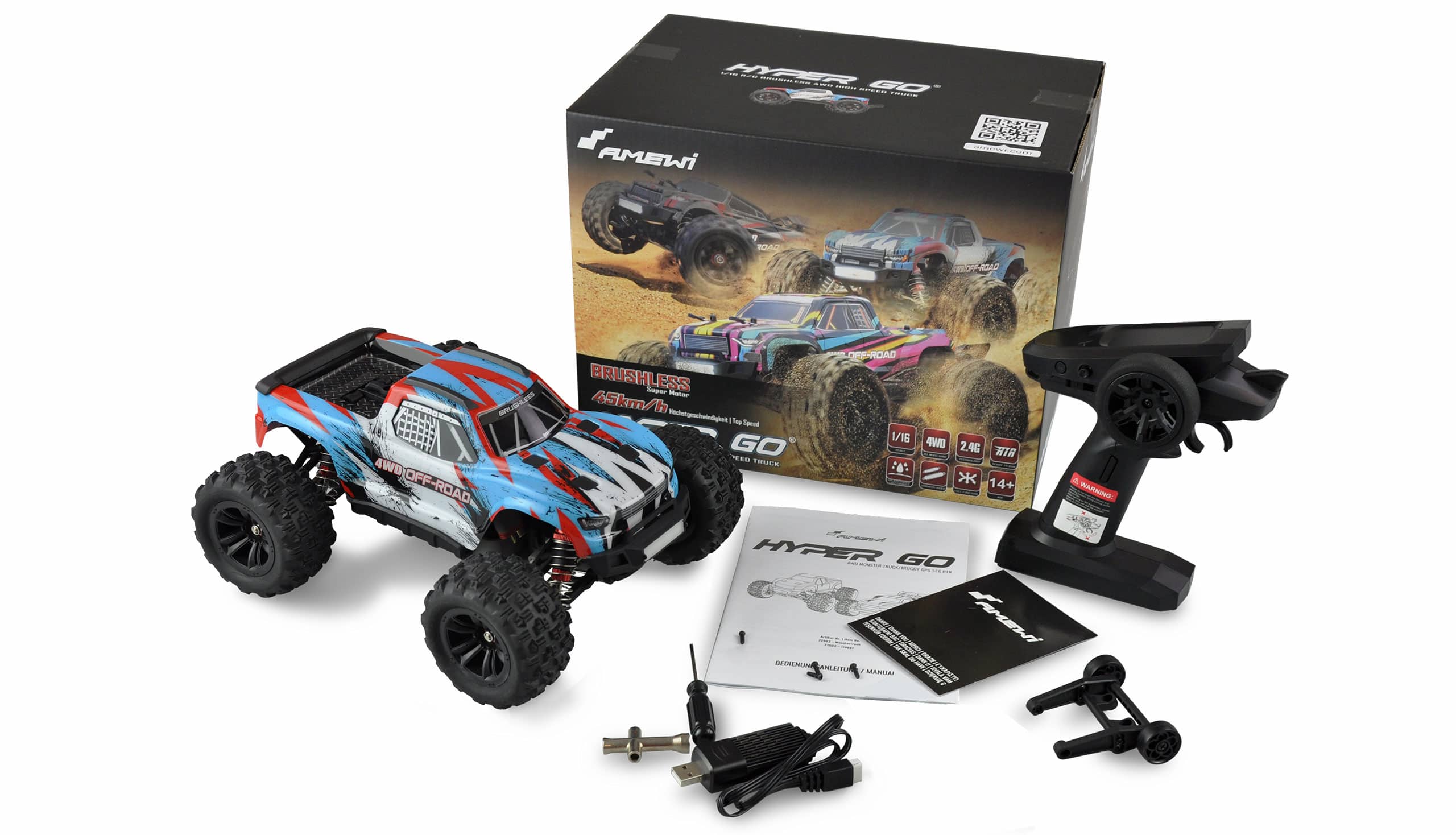 Amewi 22628 Hyper Go Monstertruck brushless 4WD 1:16 RTR blauw/rood
