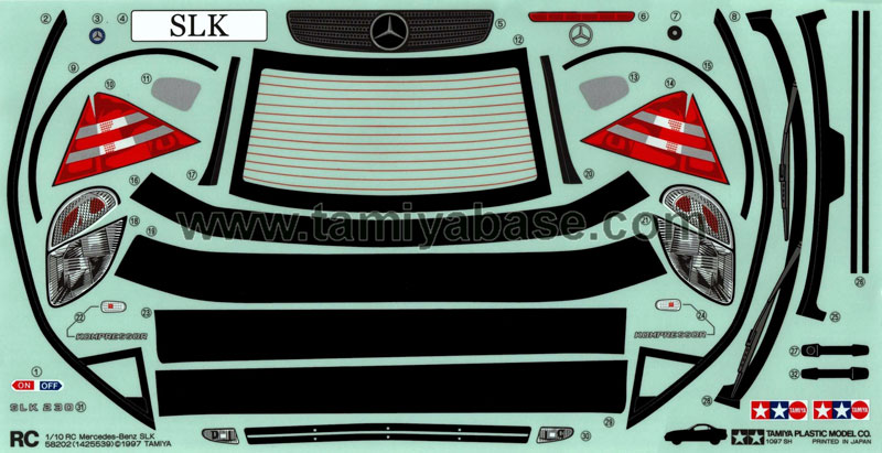 Tamiya 58202 Mercedes Benz slk 1/10 decal sheet en maskeerfilm voor de ruiten